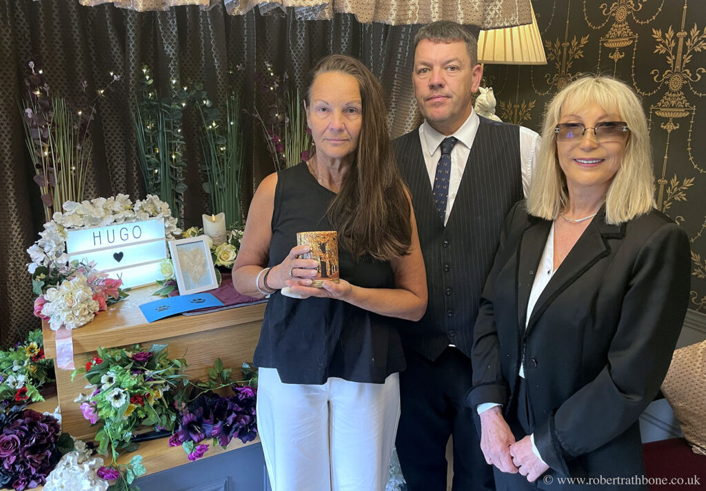Debs Hayball with Simon and Rita at Nottingham Pet Crematorium after her 14 year old terrier Hugo was killed in an unprovoked attack